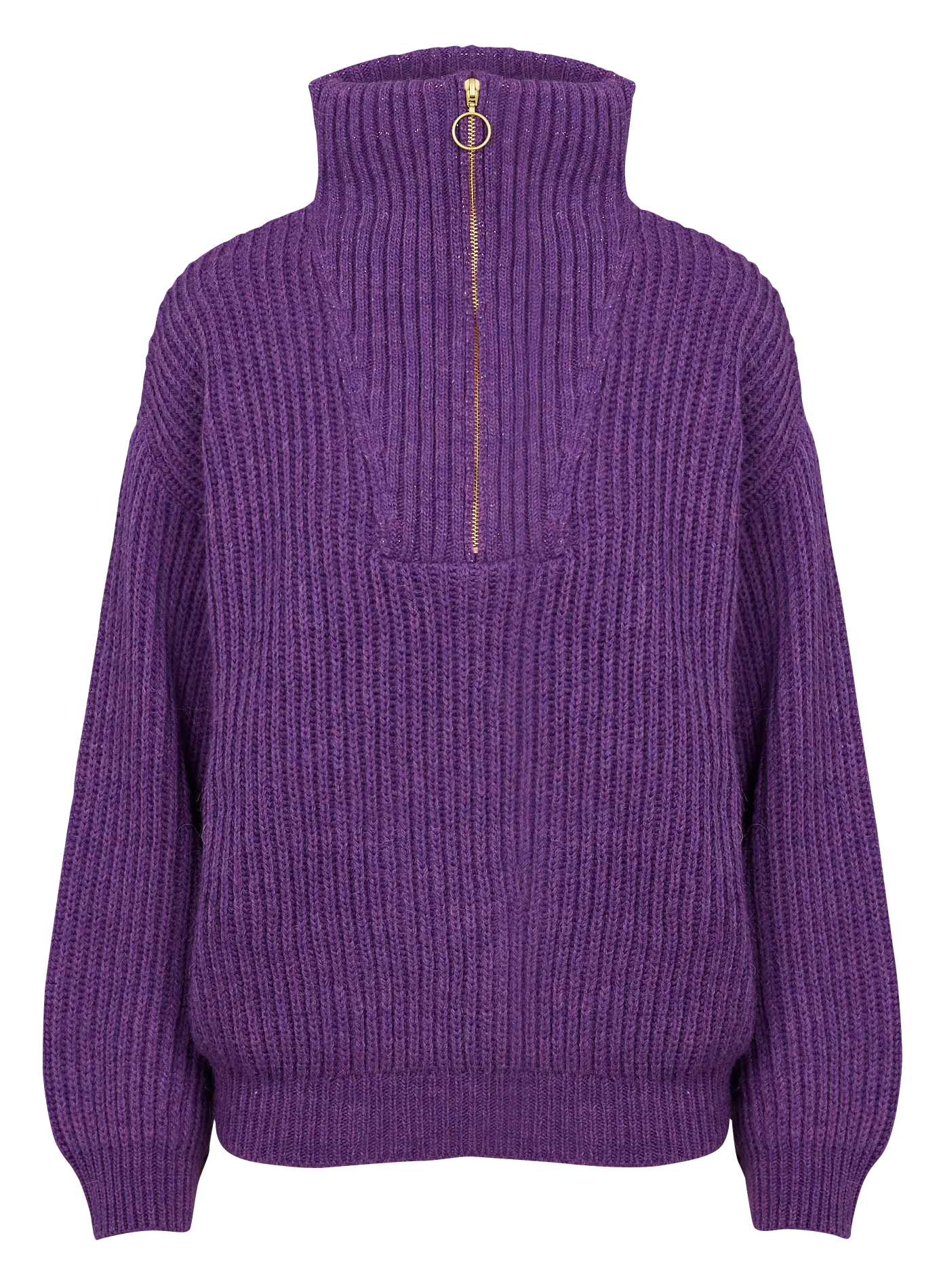 Suéter amplio con cuello alto y cremallera en punto. en violeta